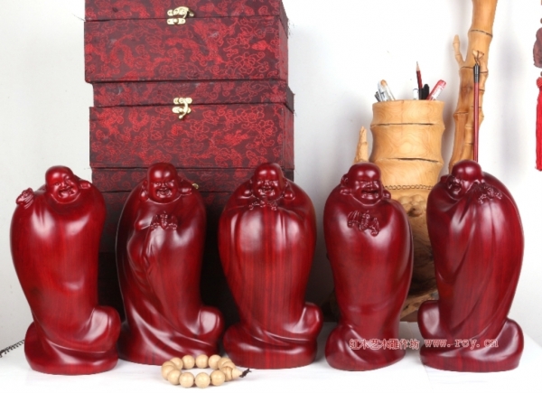 红花梨五福临门雕像一套五尊